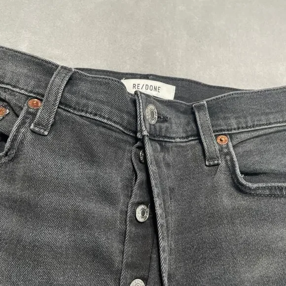 Re/Done Jeans Womens 30 Black 70s Ultra High Rise Stove Pipe Stretch Button Fly - Picture 6 of 15